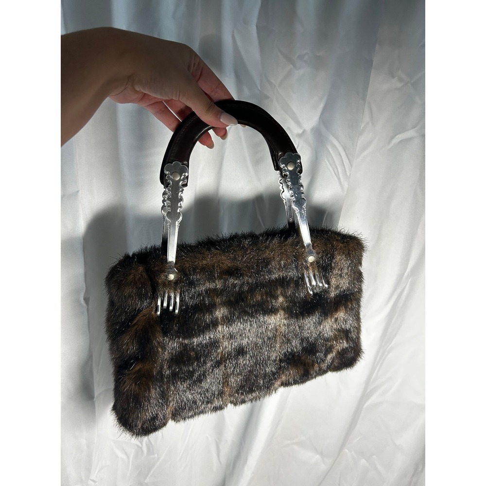 Vintage Y2K 2000's Purse Brown Faux Mink Fur *Isabella's Journey* Unique Handbag